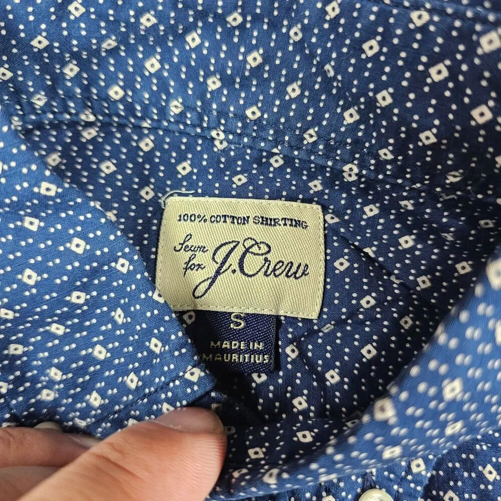 J Crew Shirt Men Small Blue Geometric AOP Short Sleeve Casual Camp Casual Pocket